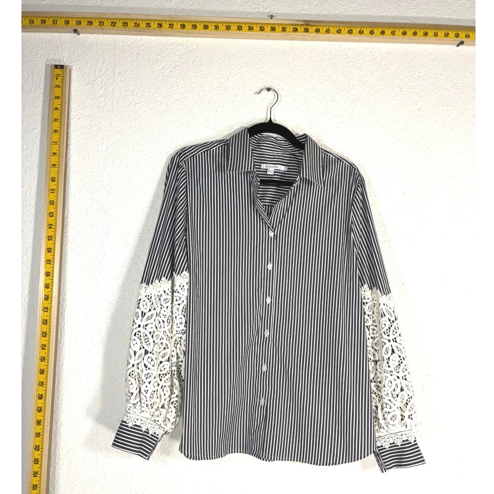 Chicos Black White Striped Lace Sleeve Button Down Blouse Shirt Size 2.5 US 14